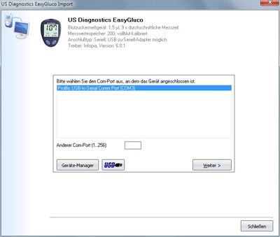 Datenübernahme vom US Diagnostics Easy Gluco ins Diabetes-Tagebuch