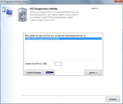 Datenübernahme vom US Diagnostics Infinity ins Diabetes-Tagebuch